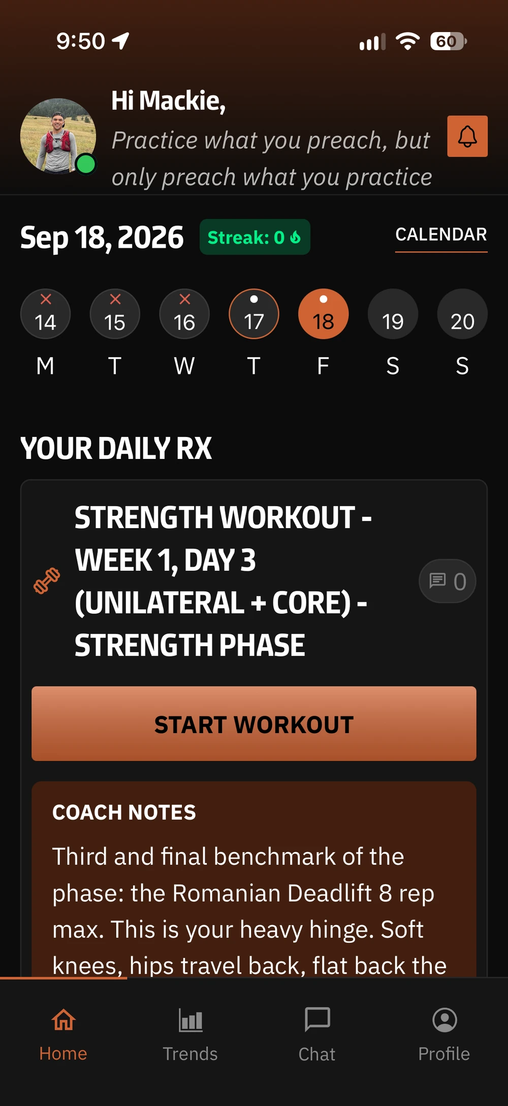 UltraLife app showing a weekly calendar, a Week 1 Day 3 strength workout, and coach notes